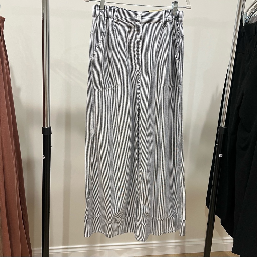 Max Studio Women's Wide Leg Pinstripe Pants in Light Blue & White